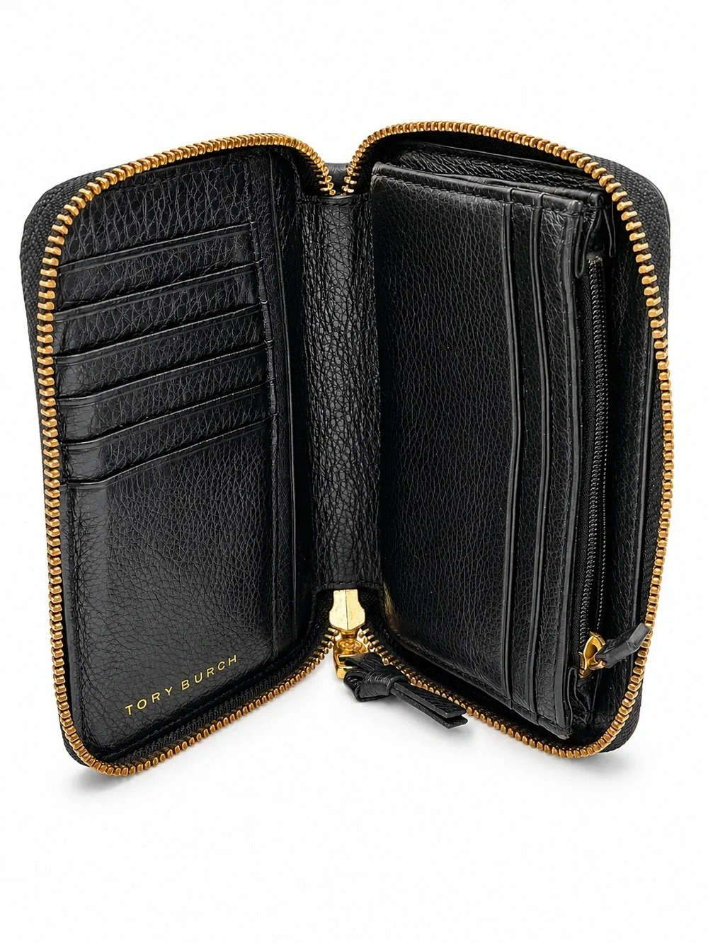 Tory Burch Thea Black Pebbled Leather Zip Around Wristlet Wallet Logo Clutch